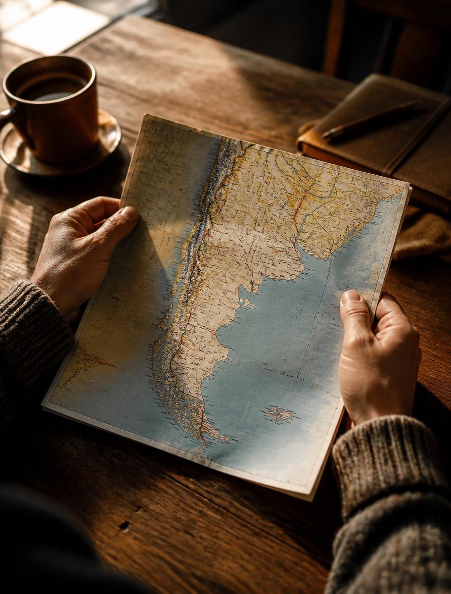 Mapa de Argentina sobre mesa de madera